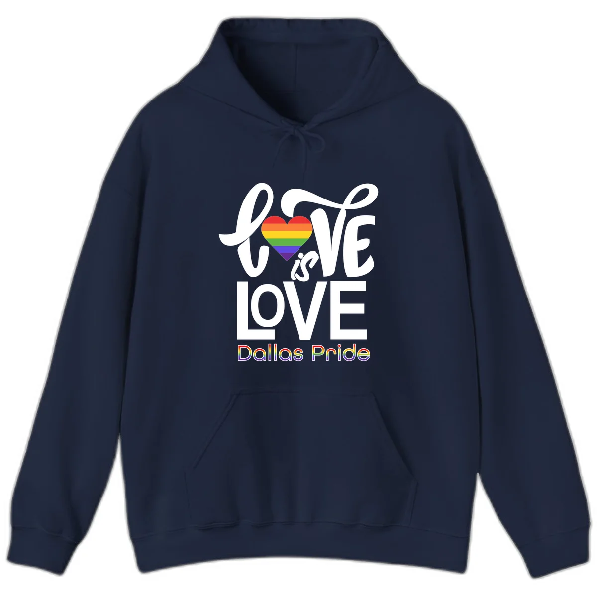 Love is love Dallas Pride design with rainbow-striped heart and white text on gray background in Navy