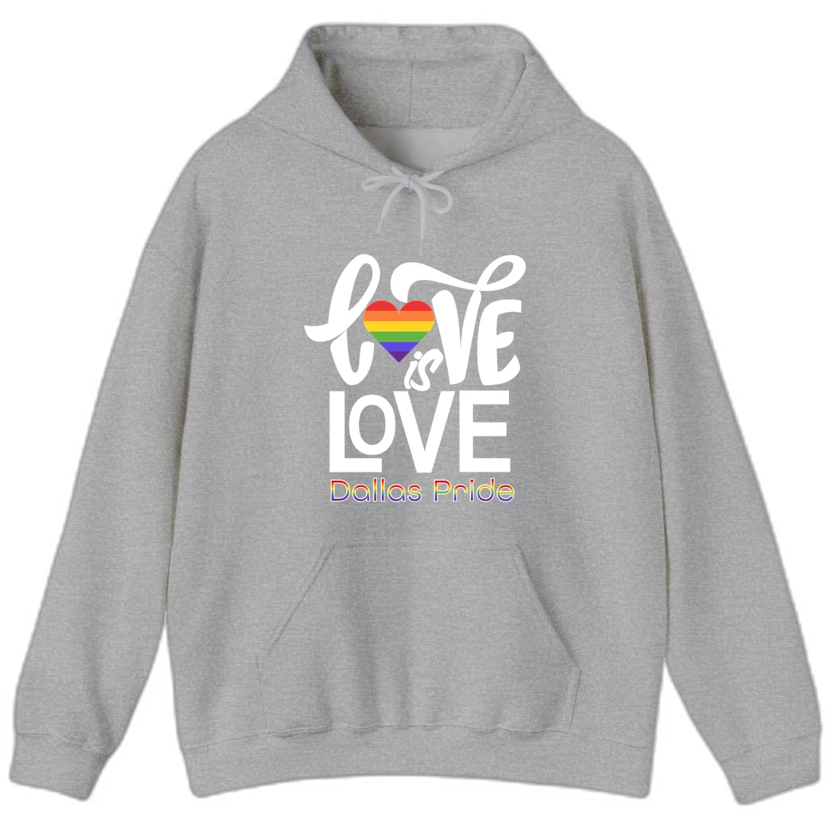 Love is love Dallas Pride design with rainbow-striped heart and white text on gray background in Sport Grey