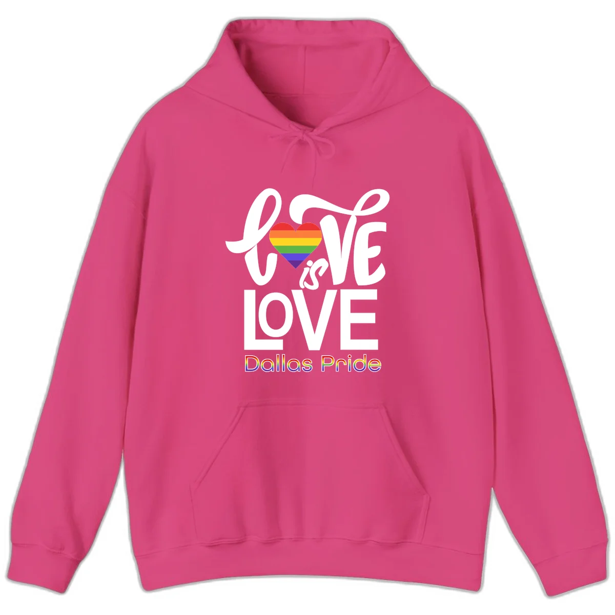 Love is love Dallas Pride design with rainbow-striped heart and white text on gray background in Heliconia