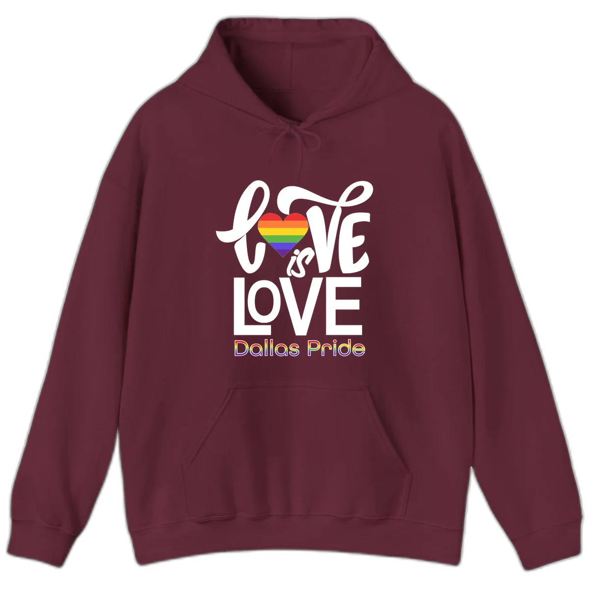 Love is love Dallas Pride design with rainbow-striped heart and white text on gray background in Maroon