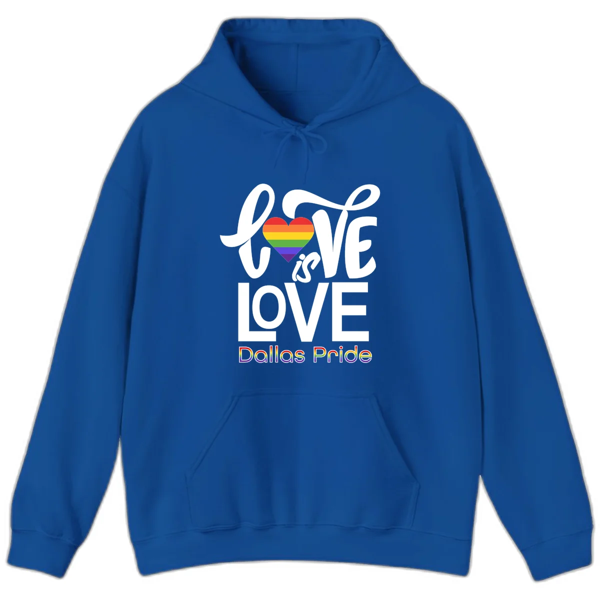 Love is love Dallas Pride design with rainbow-striped heart and white text on gray background in Royal