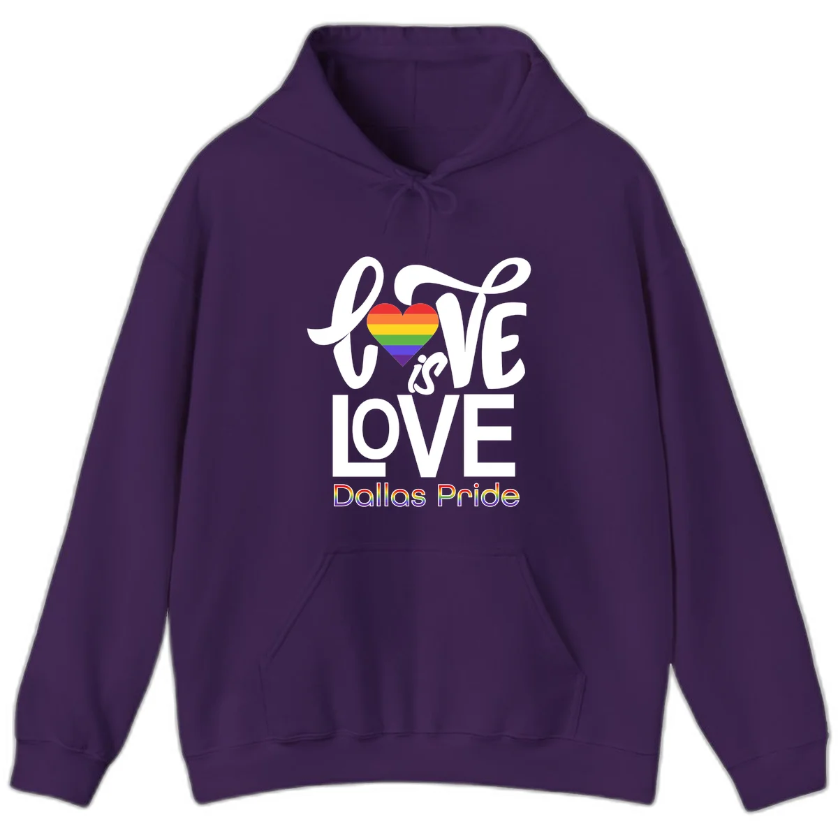 Love is love Dallas Pride design with rainbow-striped heart and white text on gray background in Purple