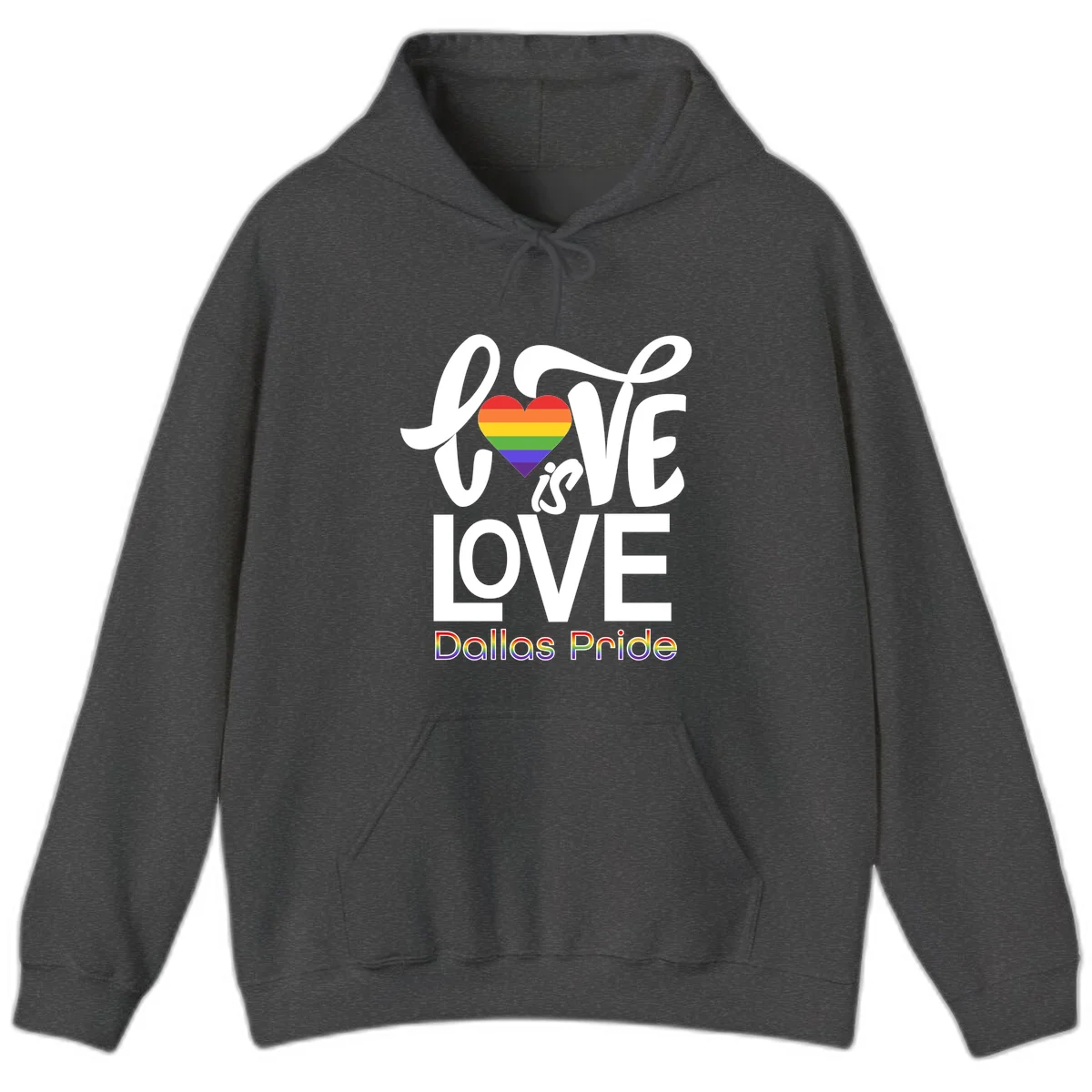 Love is love Dallas Pride design with rainbow-striped heart and white text on gray background in Dark Heather