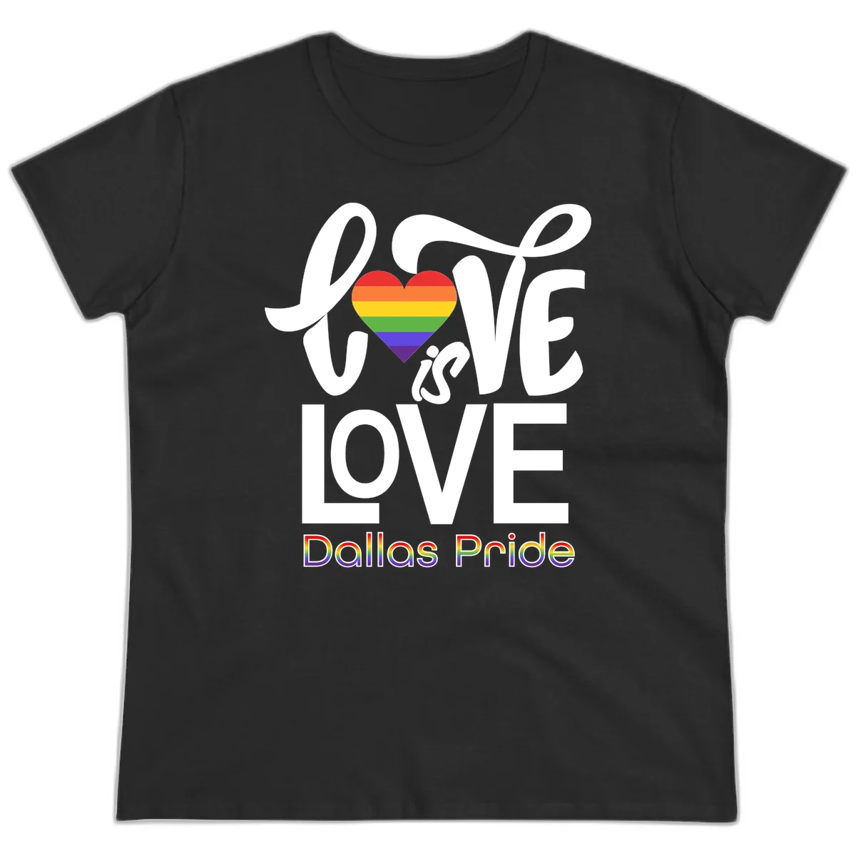 Love is love Dallas Pride design with rainbow-striped heart and white text on gray background in Black