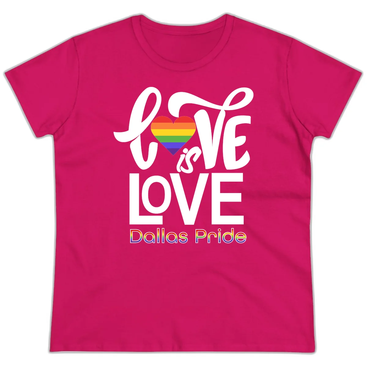 Love is love Dallas Pride design with rainbow-striped heart and white text on gray background in Heliconia
