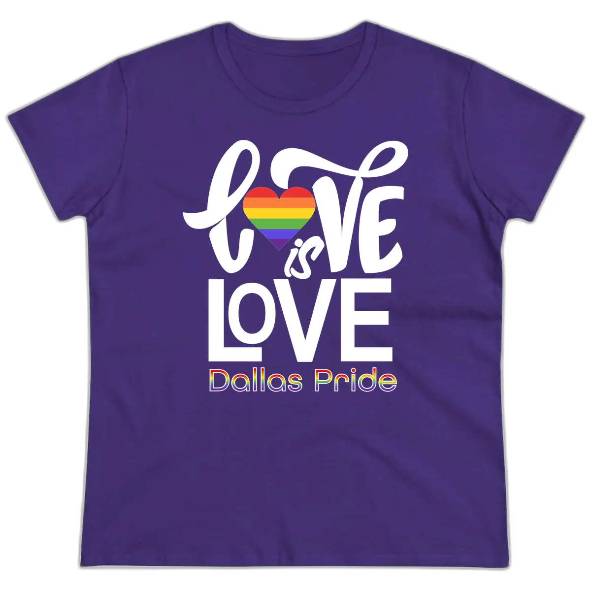 Love is love Dallas Pride design with rainbow-striped heart and white text on gray background in Purple