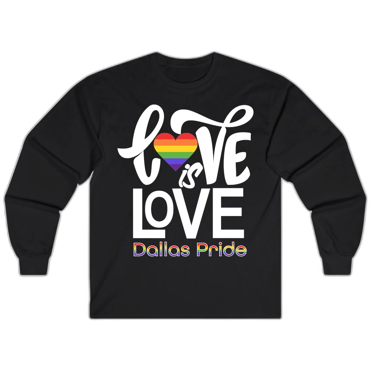 Love is love Dallas Pride design with rainbow-striped heart and white text on gray background in Black