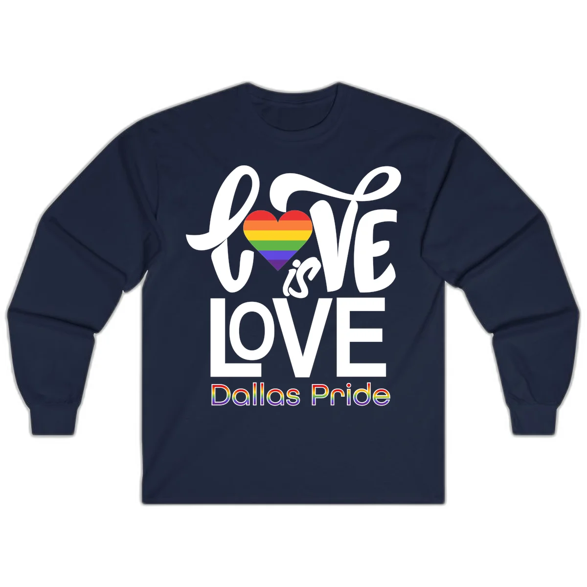 Love is love Dallas Pride design with rainbow-striped heart and white text on gray background in Navy