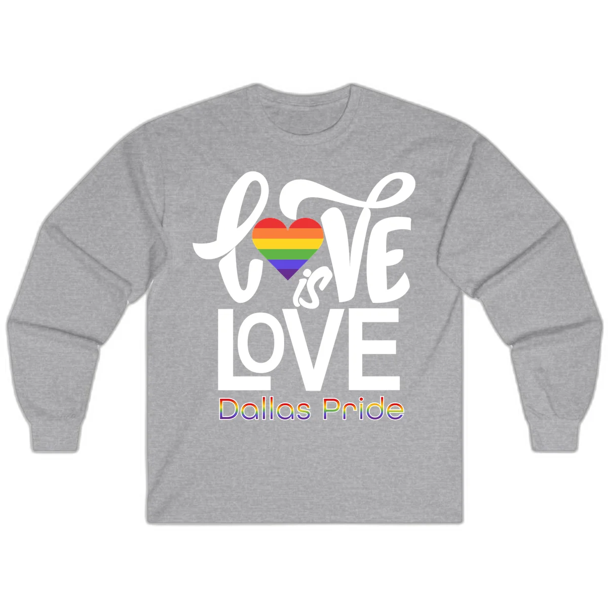 Love is love Dallas Pride design with rainbow-striped heart and white text on gray background in Sport Grey