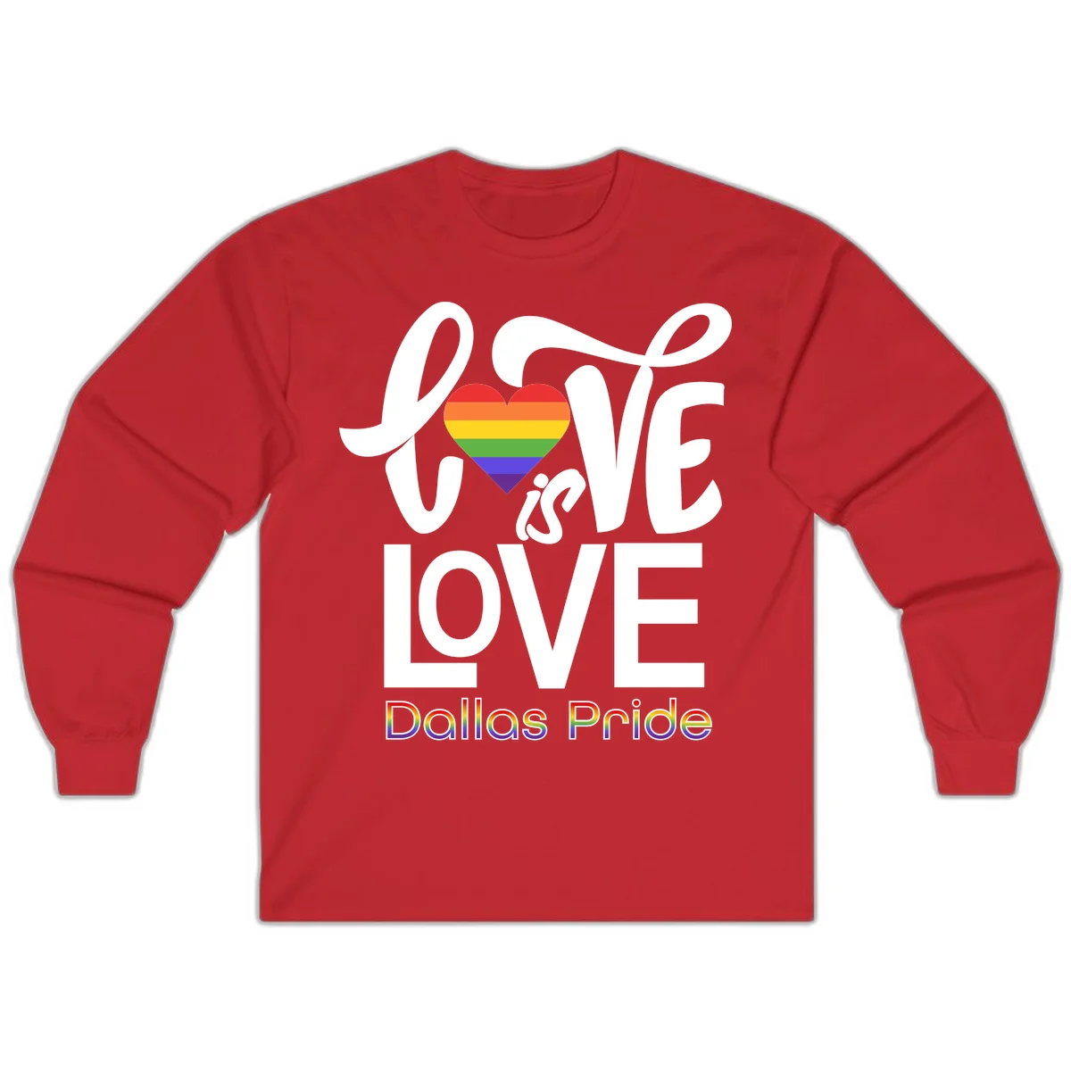 Love is love Dallas Pride design with rainbow-striped heart and white text on gray background in Red