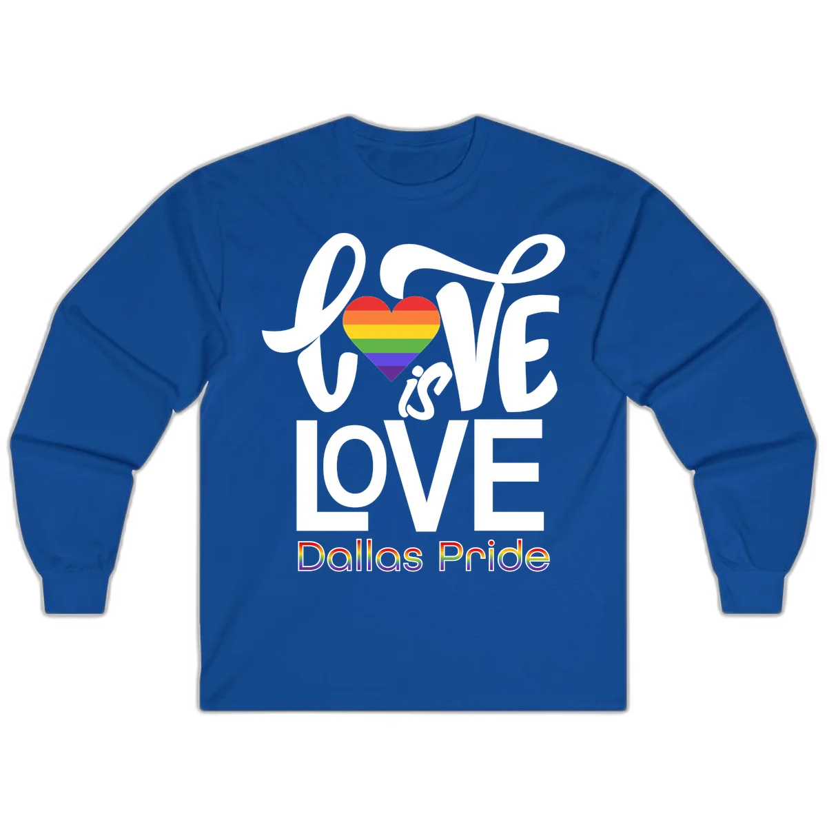 Love is love Dallas Pride design with rainbow-striped heart and white text on gray background in Royal