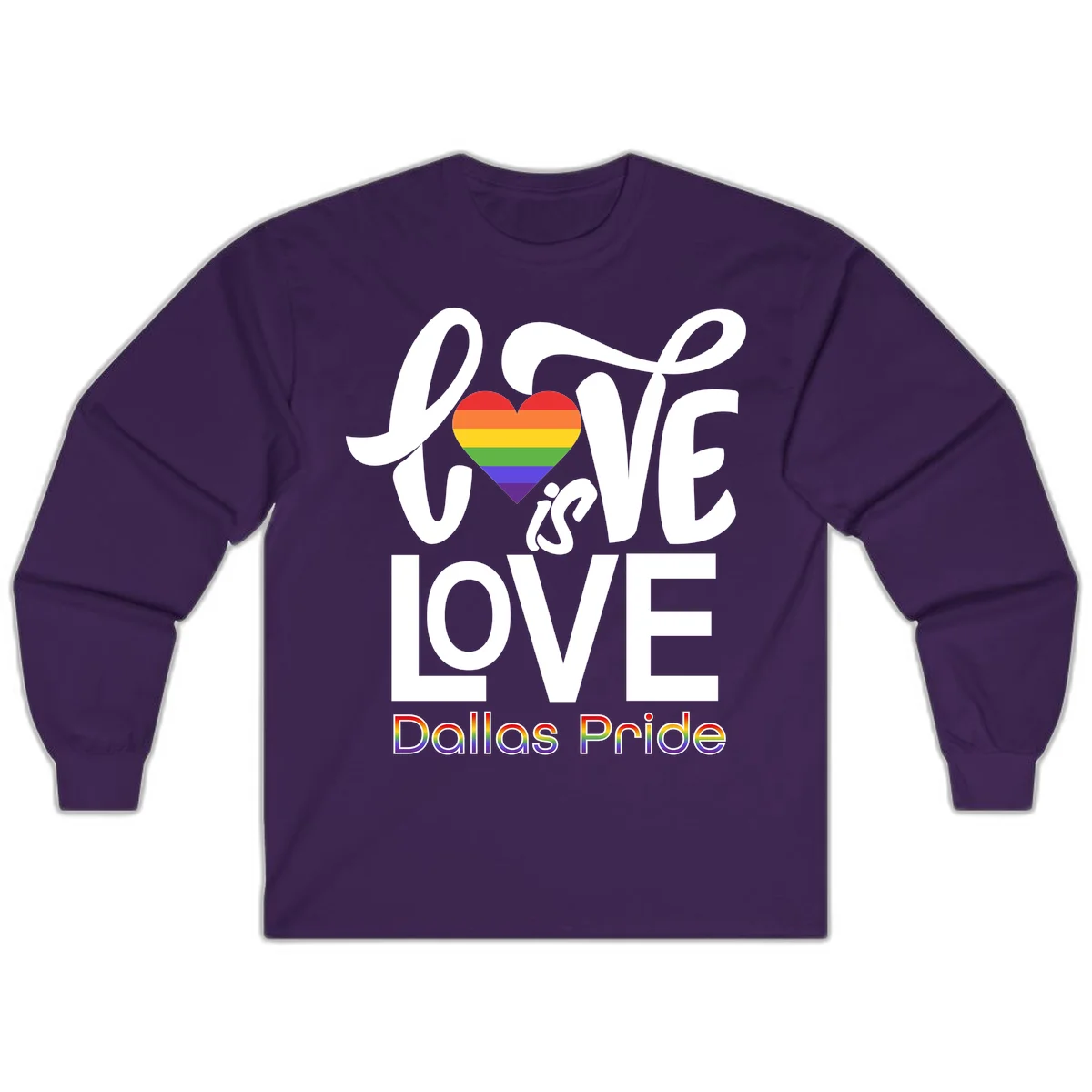 Love is love Dallas Pride design with rainbow-striped heart and white text on gray background in Purple