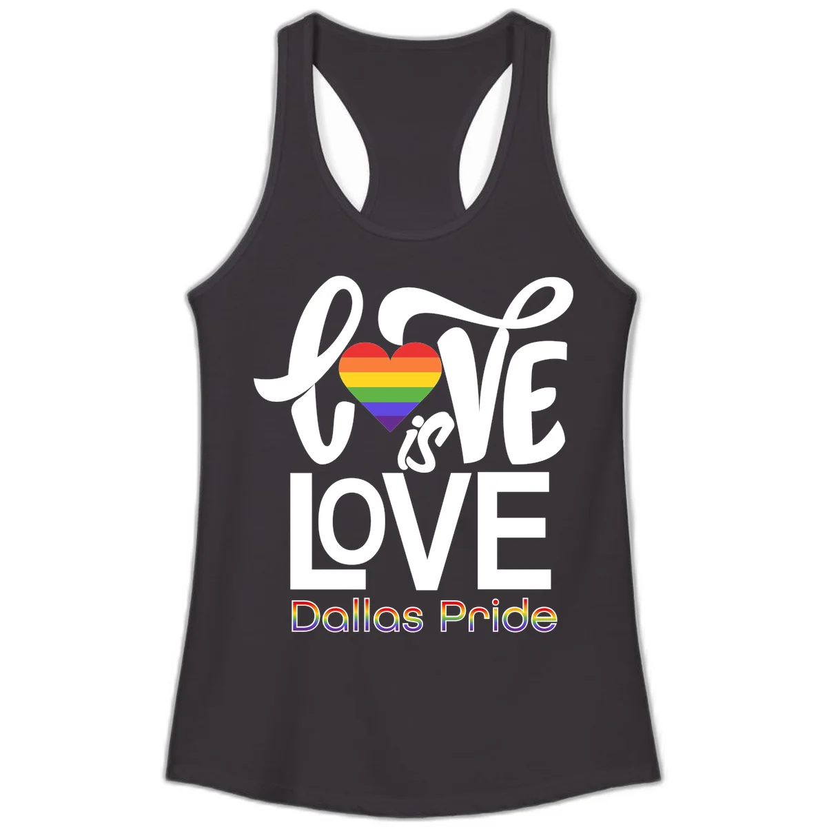 Love is love Dallas Pride design with rainbow-striped heart and white text on gray background in Black