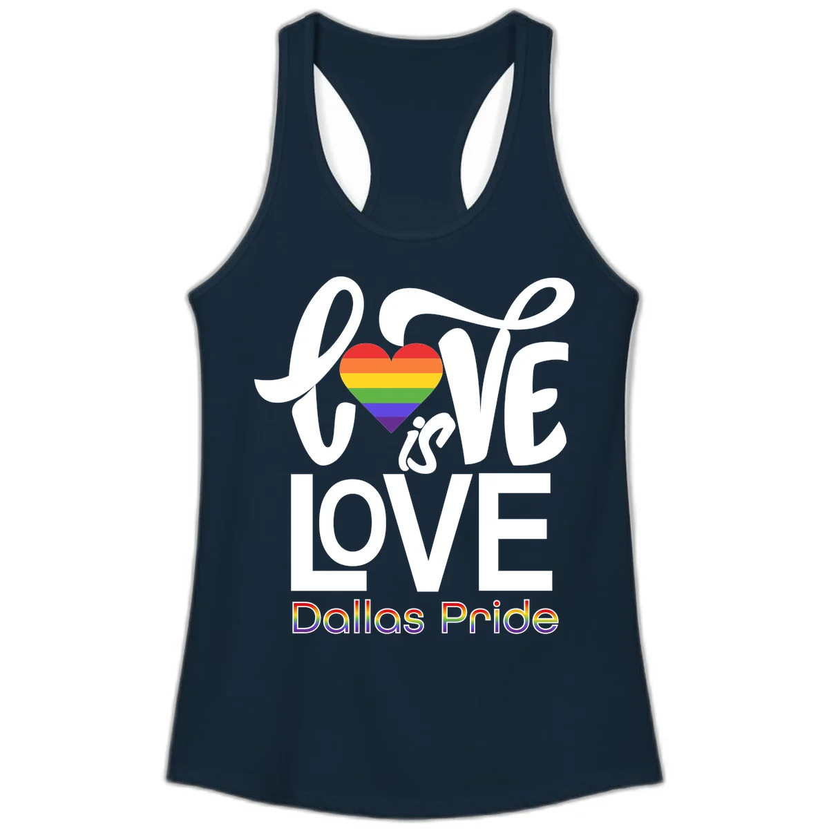 Love is love Dallas Pride design with rainbow-striped heart and white text on gray background in Solid Midnight Navy