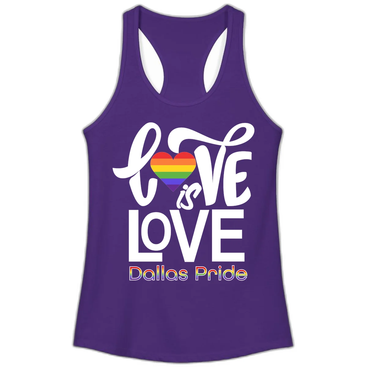 Love is love Dallas Pride design with rainbow-striped heart and white text on gray background in Solid Purple Rush