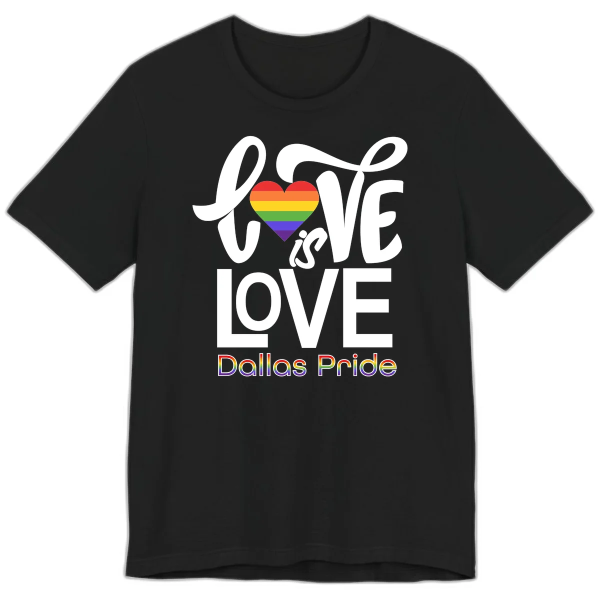 Love is love Dallas Pride design with rainbow-striped heart and white text on gray background in Black