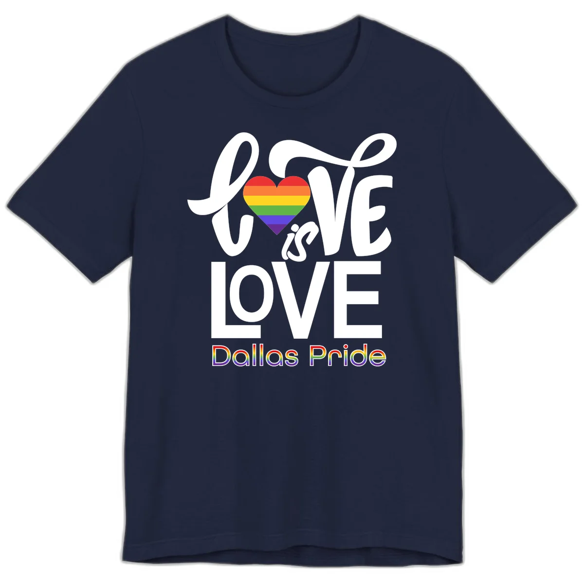Love is love Dallas Pride design with rainbow-striped heart and white text on gray background in Navy