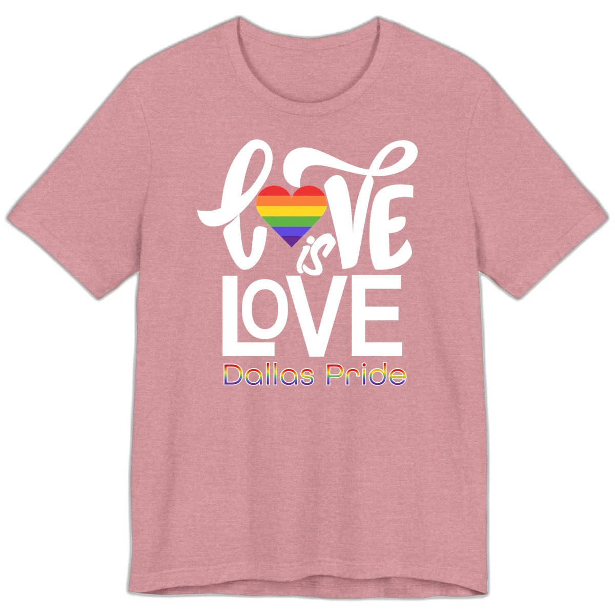 Love is love Dallas Pride design with rainbow-striped heart and white text on gray background in Heather Orchid