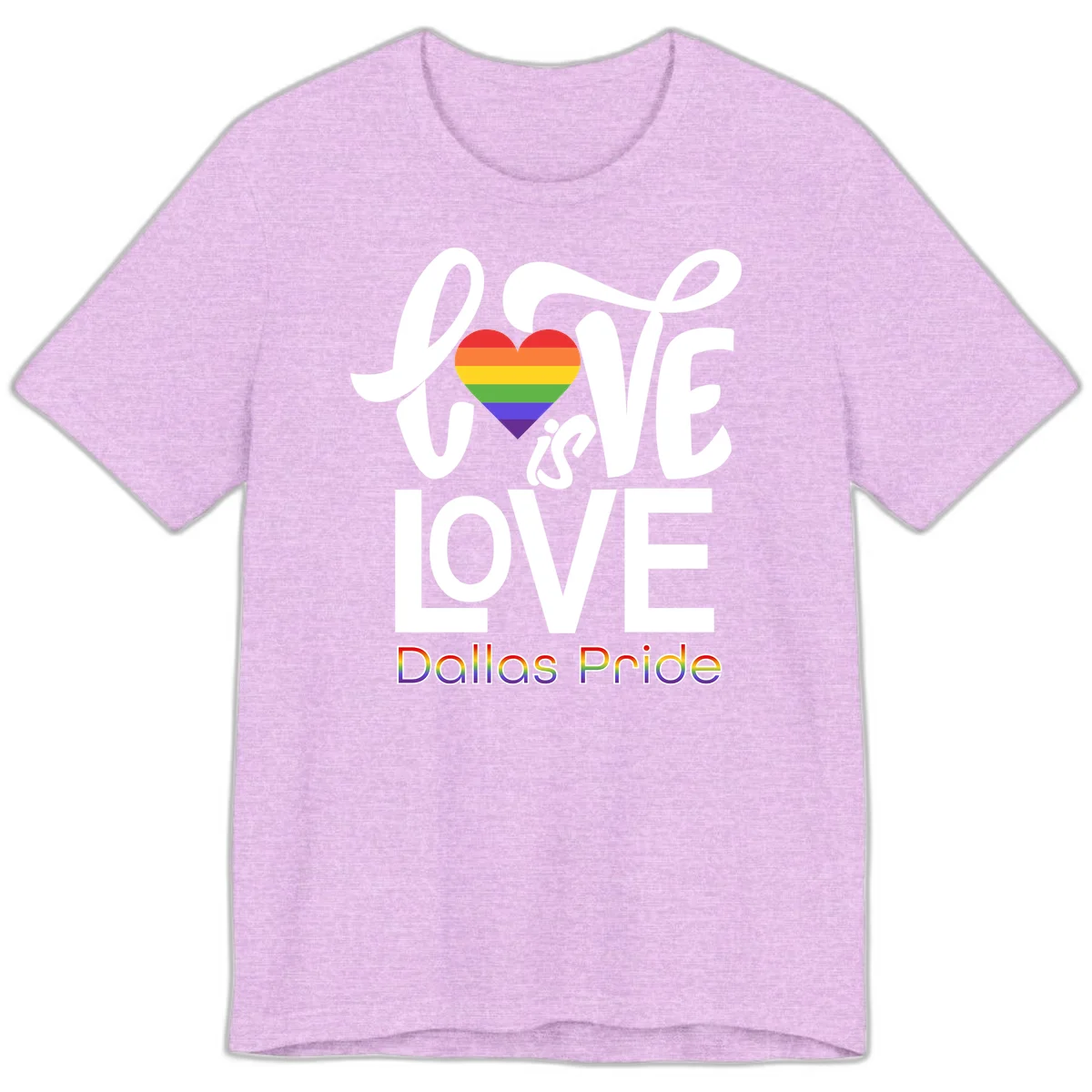 Love is love Dallas Pride design with rainbow-striped heart and white text on gray background in Heather Prism Lilac