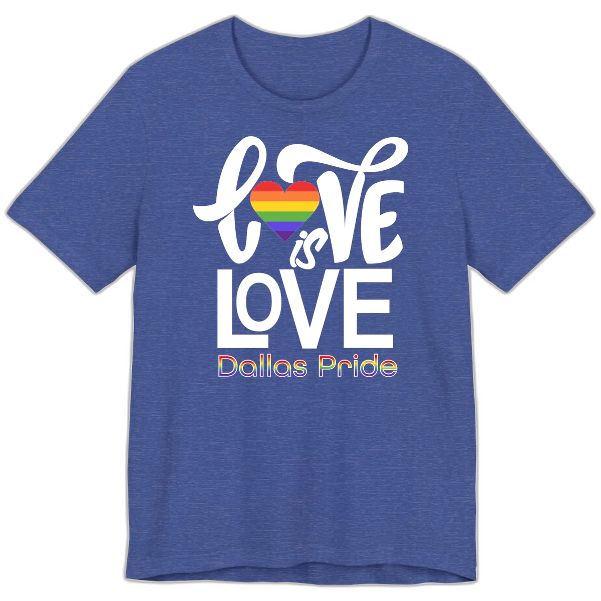 Love is love Dallas Pride design with rainbow-striped heart and white text on gray background in Heather True Royal