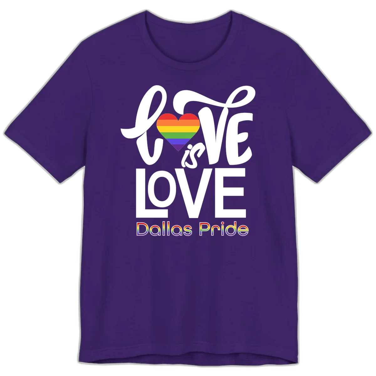 Love is love Dallas Pride design with rainbow-striped heart and white text on gray background in Team Purple
