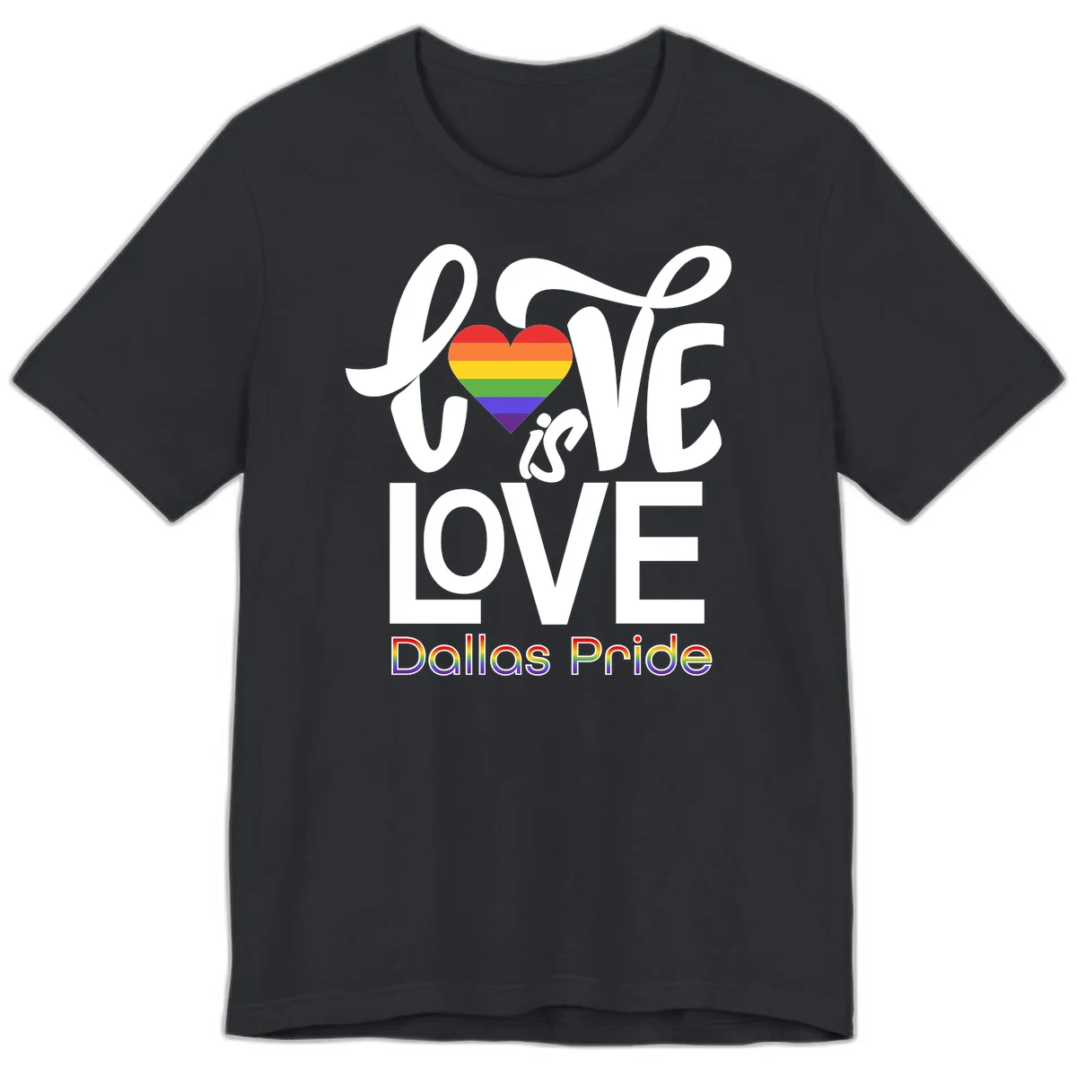 Love is love Dallas Pride design with rainbow-striped heart and white text on gray background in Vintage Black