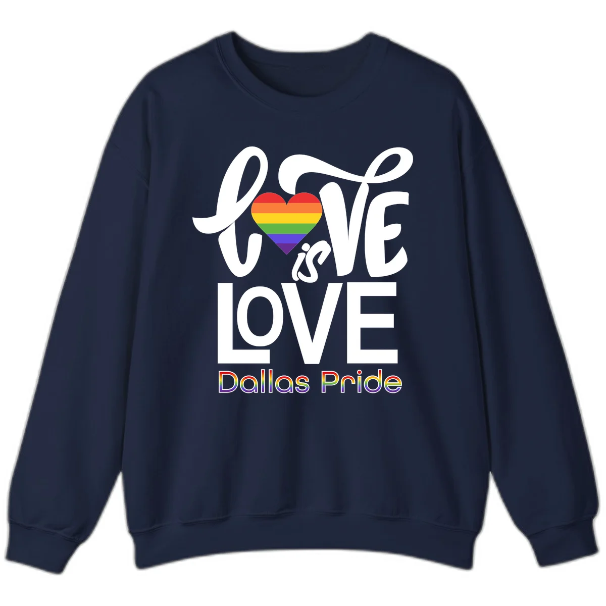 Love is love Dallas Pride design with rainbow-striped heart and white text on gray background in Navy