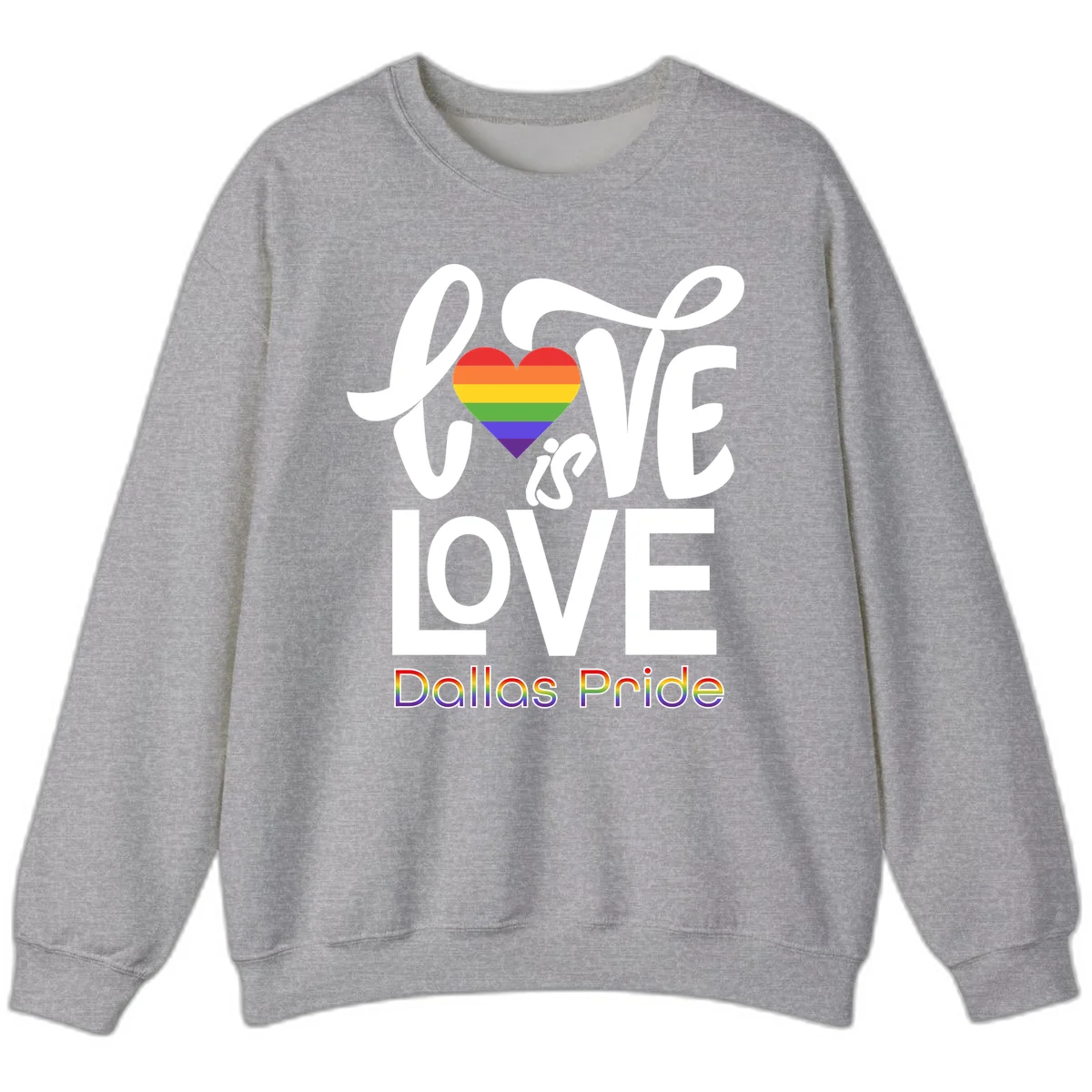 Love is love Dallas Pride design with rainbow-striped heart and white text on gray background in Sport Grey