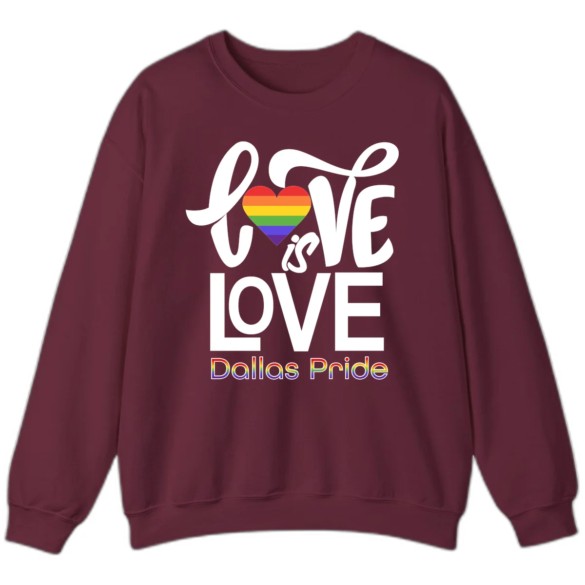 Love is love Dallas Pride design with rainbow-striped heart and white text on gray background in Maroon