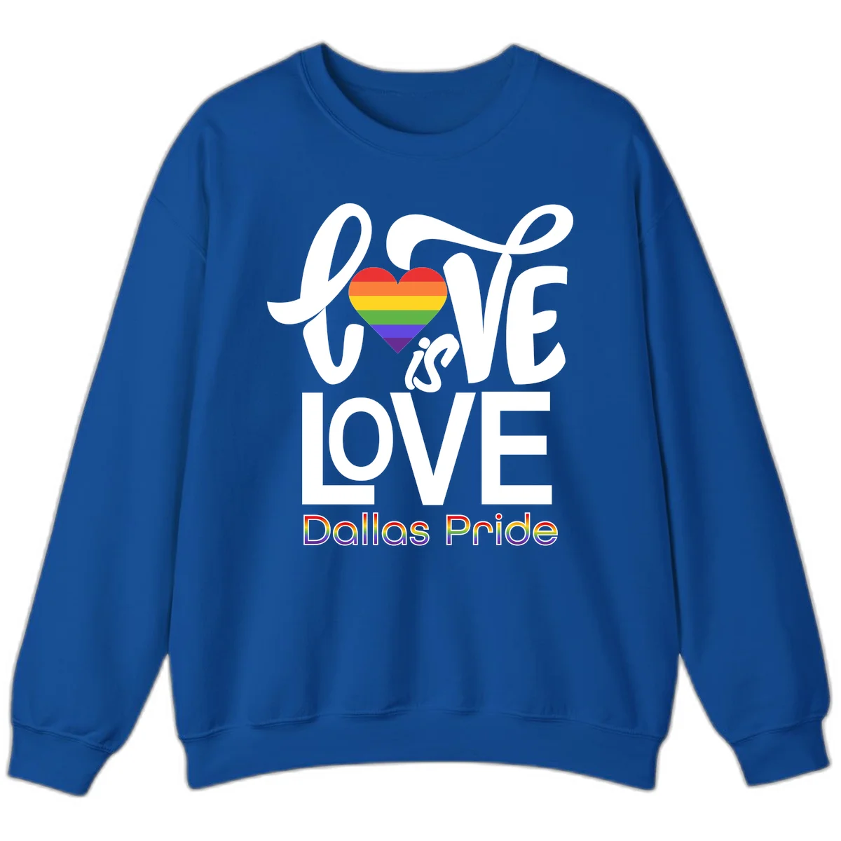 Love is love Dallas Pride design with rainbow-striped heart and white text on gray background in Royal
