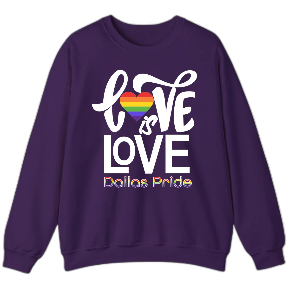 Love is love Dallas Pride design with rainbow-striped heart and white text on gray background in Purple