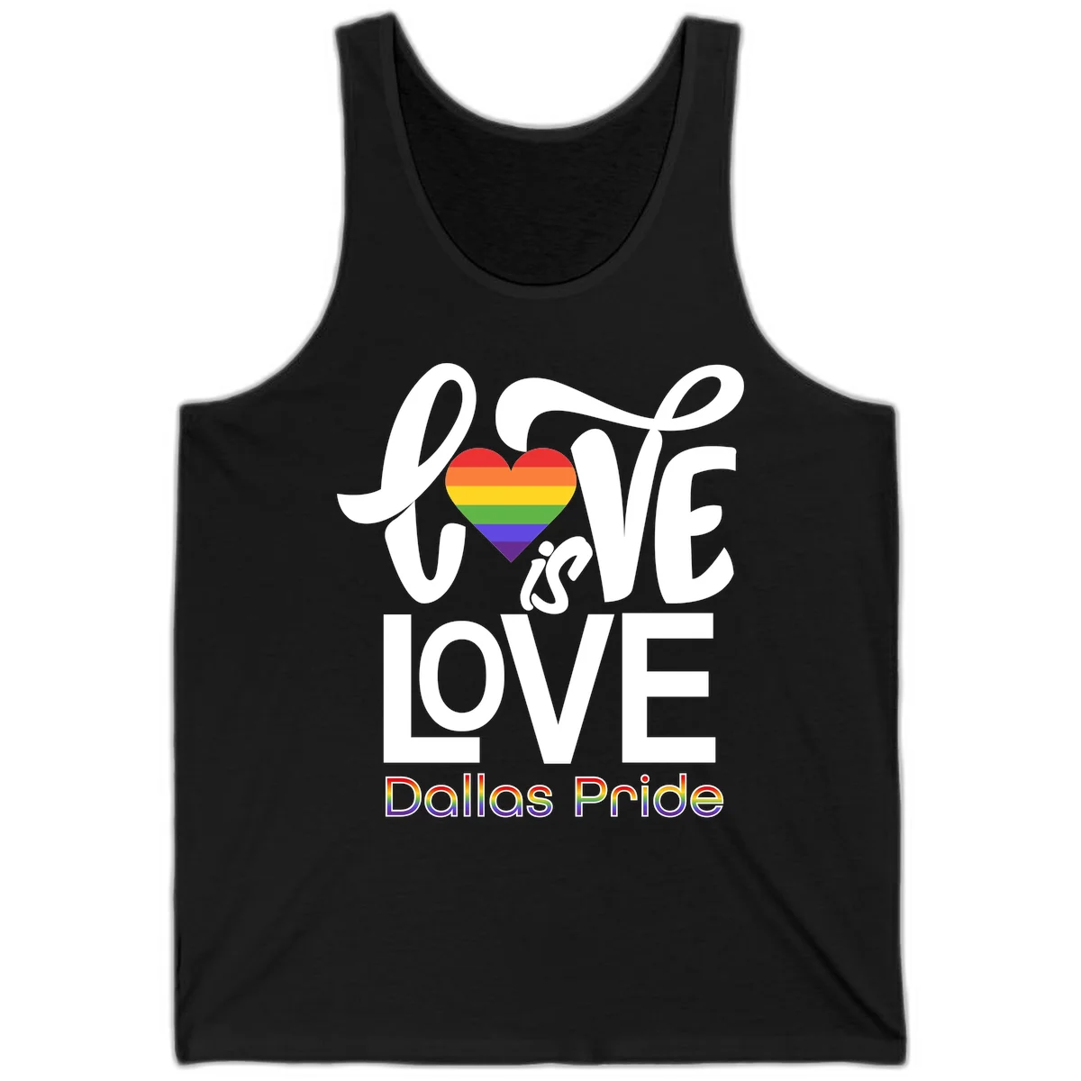 Love is love Dallas Pride design with rainbow-striped heart and white text on gray background in Black