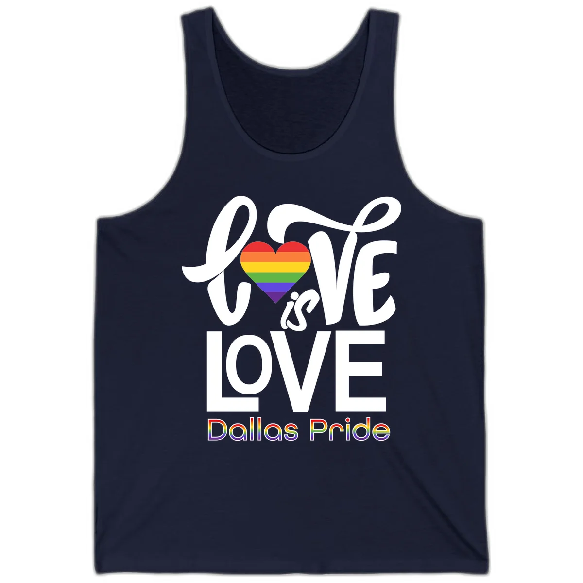 Love is love Dallas Pride design with rainbow-striped heart and white text on gray background in Navy
