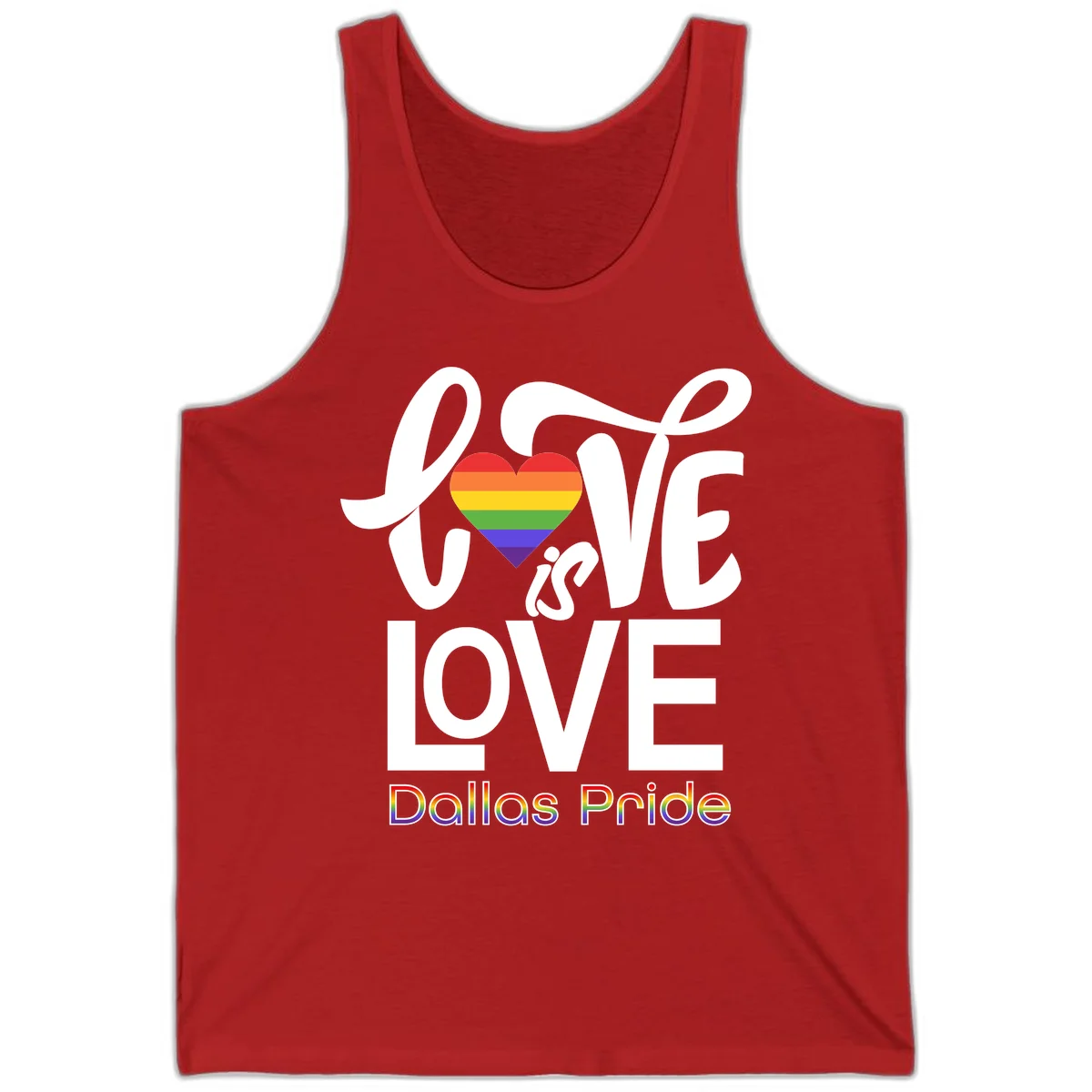 Love is love Dallas Pride design with rainbow-striped heart and white text on gray background in Red