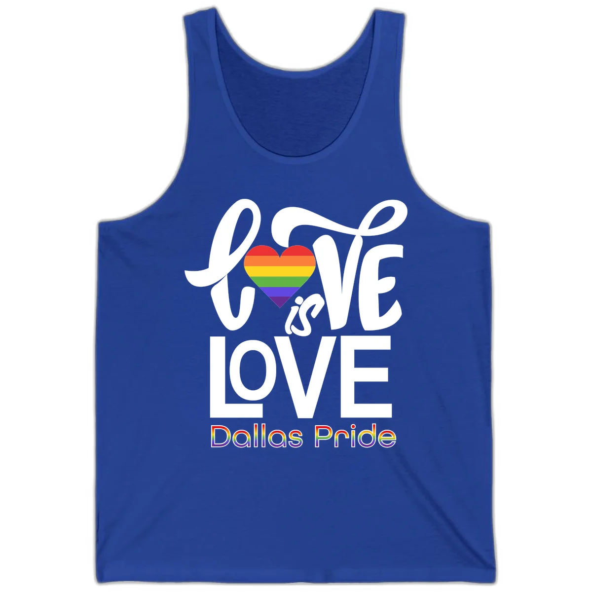 Love is love Dallas Pride design with rainbow-striped heart and white text on gray background in True Royal