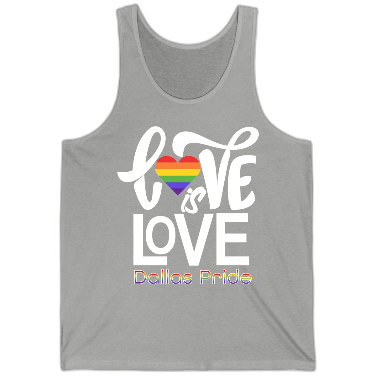 Love is love Dallas Pride design with rainbow-striped heart and white text on gray background in Athletic Heather