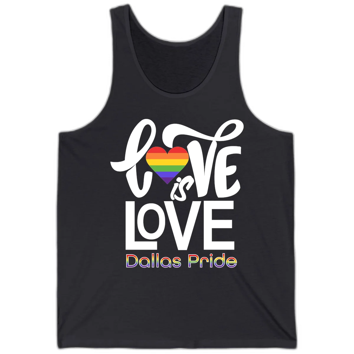 Love is love Dallas Pride design with rainbow-striped heart and white text on gray background in Dark Grey