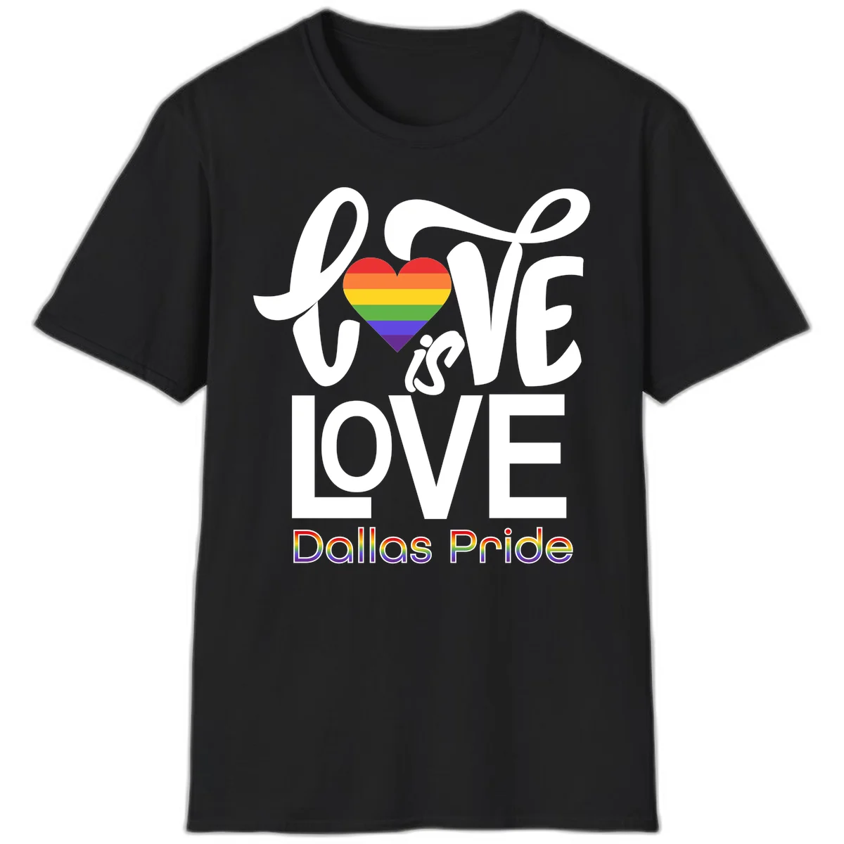 Love is love Dallas Pride design with rainbow-striped heart and white text on gray background in Black