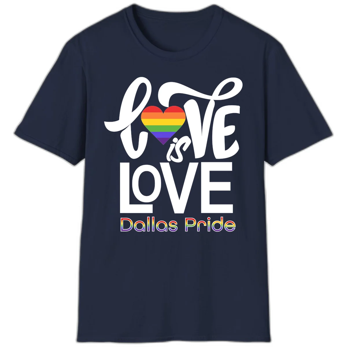 Love is love Dallas Pride design with rainbow-striped heart and white text on gray background in Navy