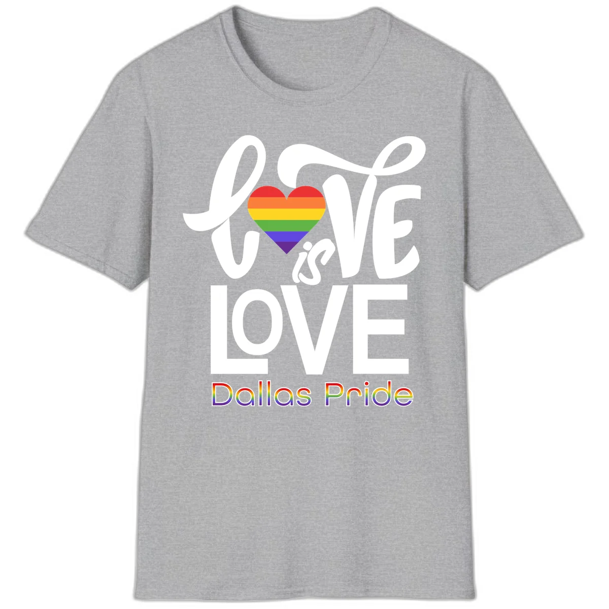 Love is love Dallas Pride design with rainbow-striped heart and white text on gray background in Sport Grey