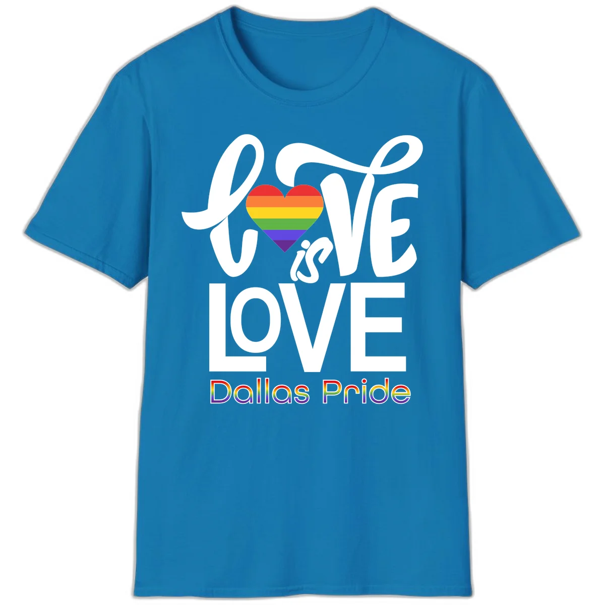 Love is love Dallas Pride design with rainbow-striped heart and white text on gray background in Sapphire