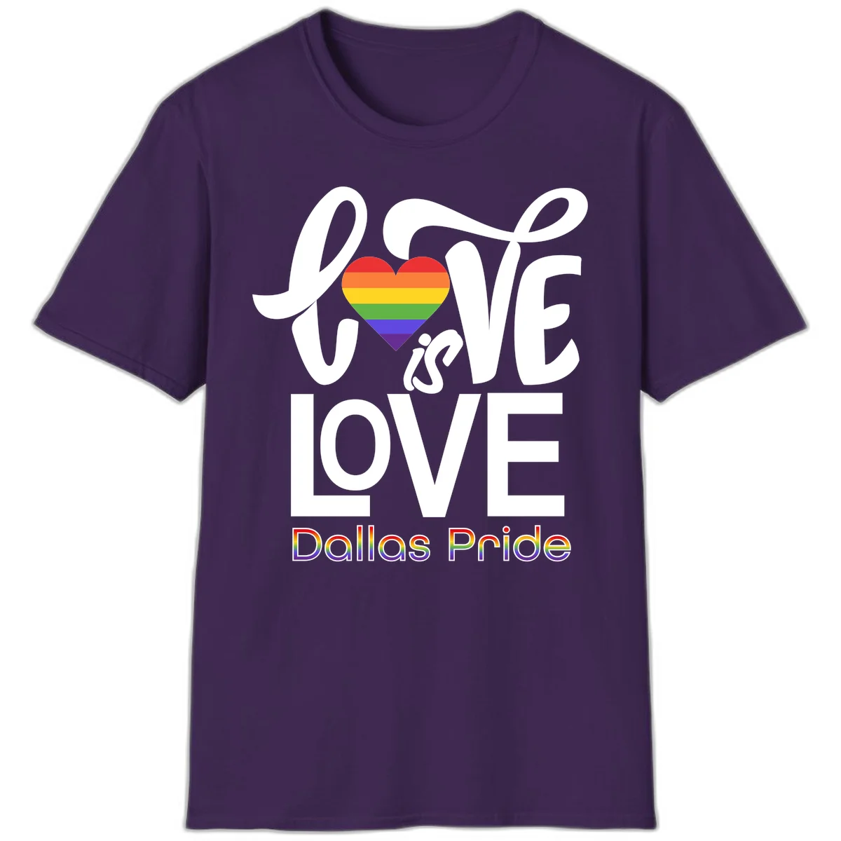 Love is love Dallas Pride design with rainbow-striped heart and white text on gray background in Purple