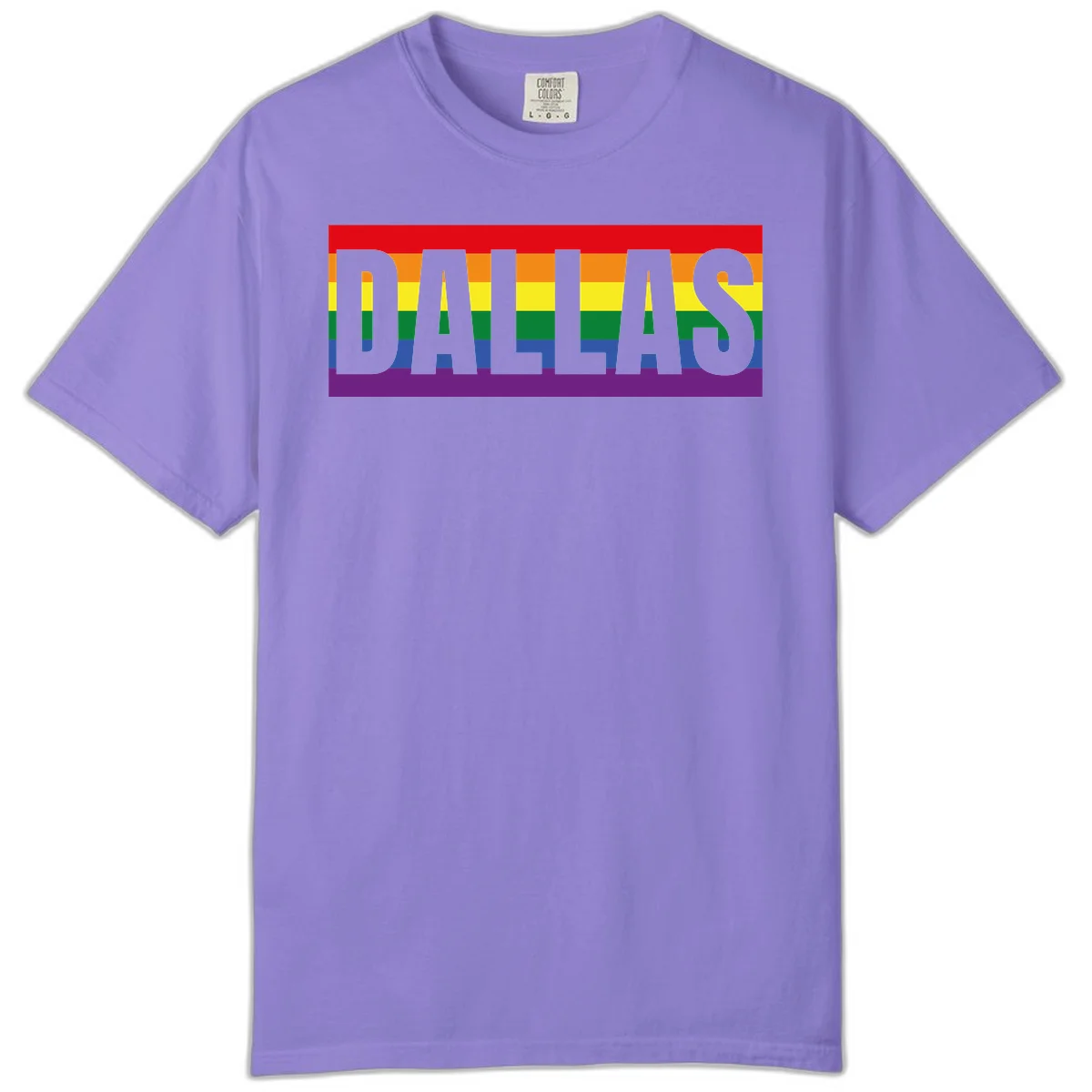 Gray DALLAS text overlaid on rainbow pride flag with red, orange, yellow, green, blue, and purple horizontal stripes in Violet
