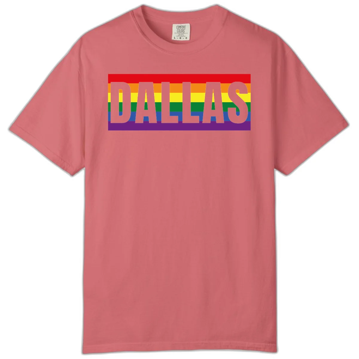 Gray DALLAS text overlaid on rainbow pride flag with red, orange, yellow, green, blue, and purple horizontal stripes in Watermelon
