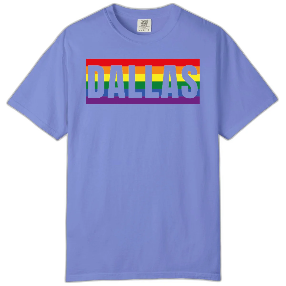 Gray DALLAS text overlaid on rainbow pride flag with red, orange, yellow, green, blue, and purple horizontal stripes in Flo Blue