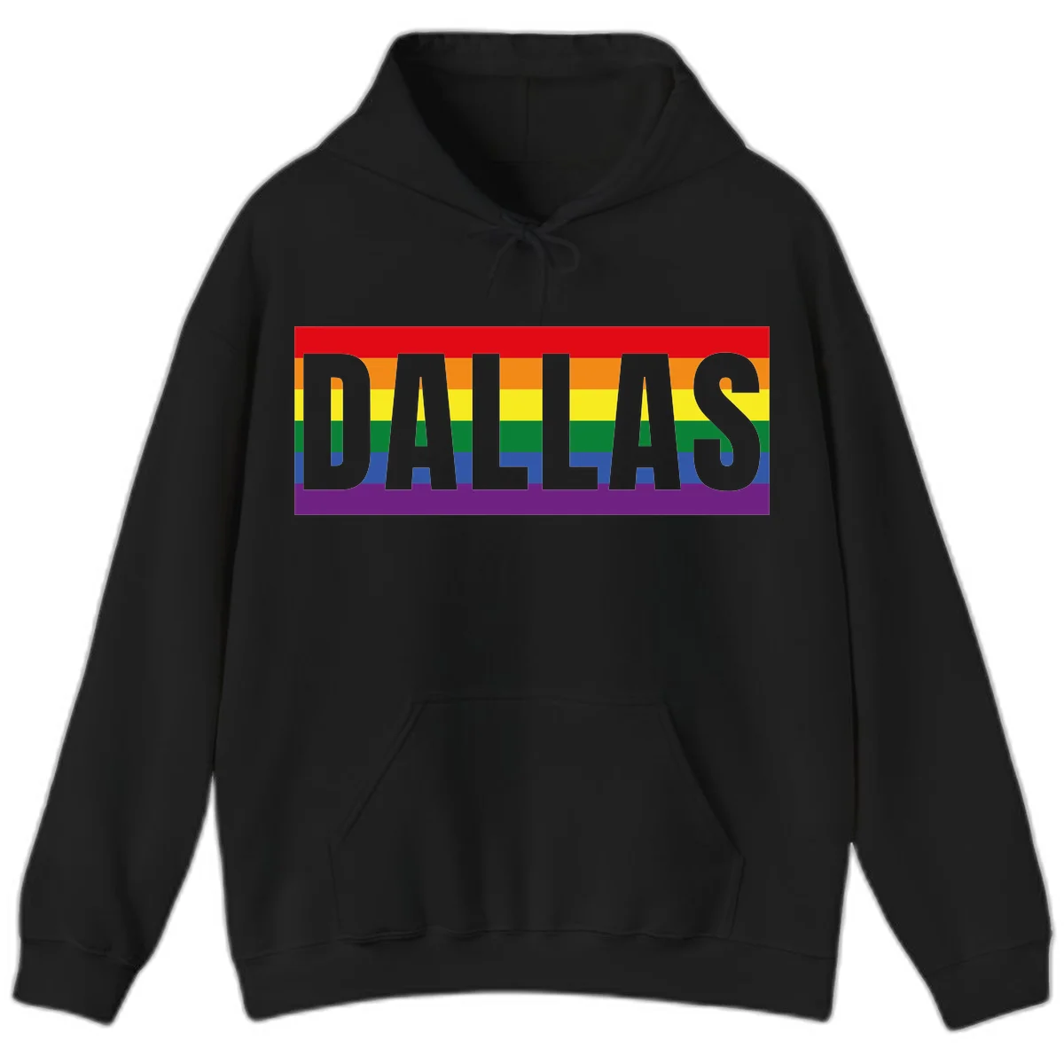 Gray DALLAS text overlaid on rainbow pride flag with red, orange, yellow, green, blue, and purple horizontal stripes in Black