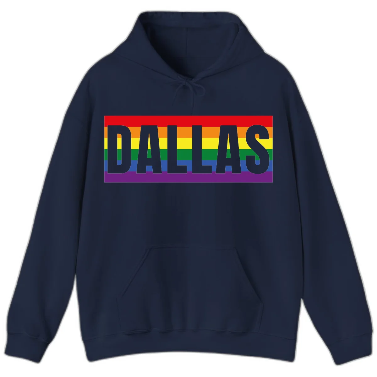 Gray DALLAS text overlaid on rainbow pride flag with red, orange, yellow, green, blue, and purple horizontal stripes in Navy