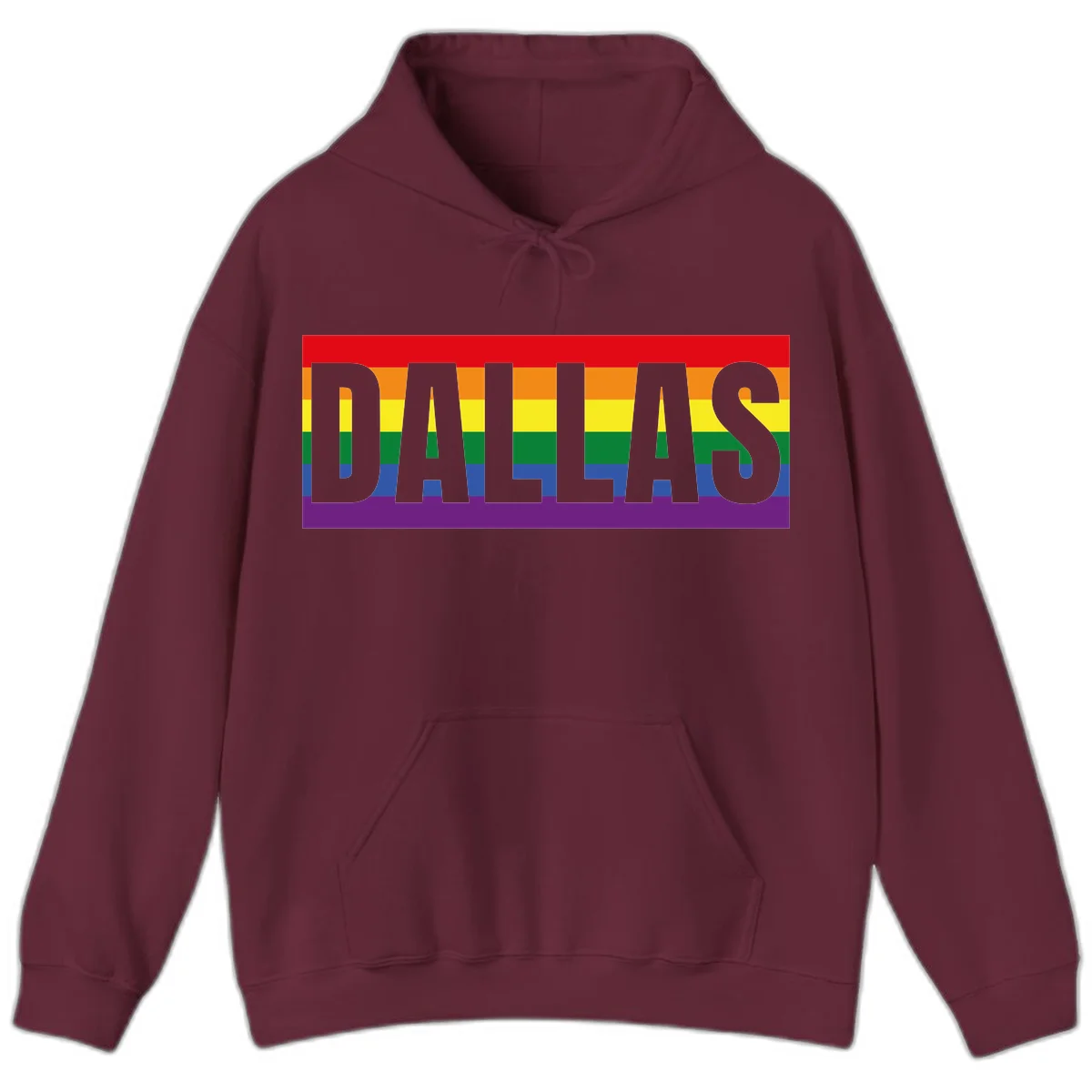 Gray DALLAS text overlaid on rainbow pride flag with red, orange, yellow, green, blue, and purple horizontal stripes in Maroon
