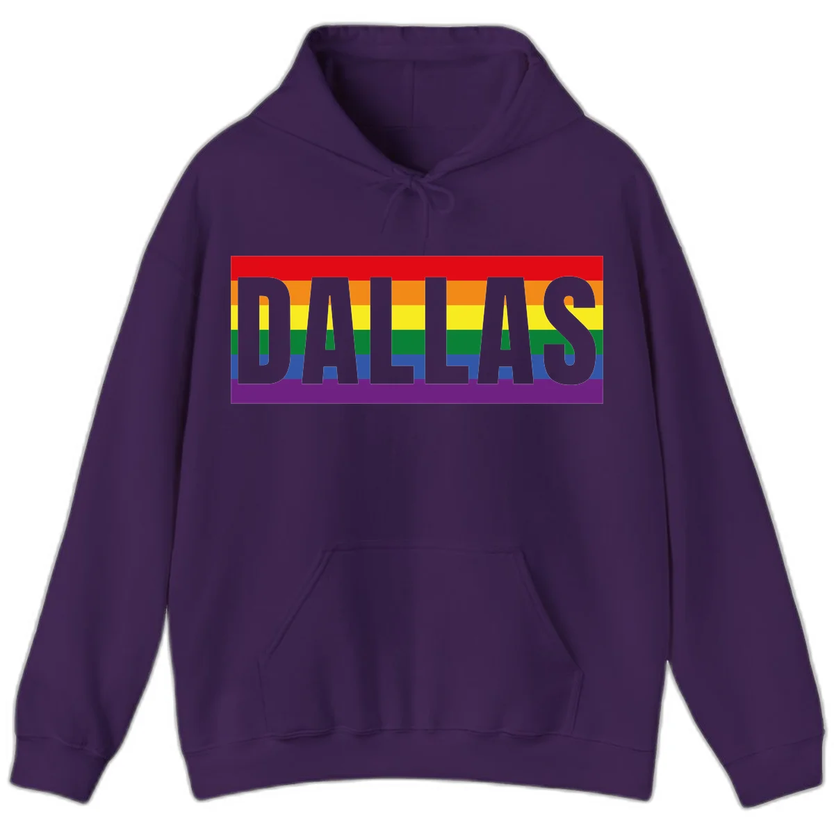 Gray DALLAS text overlaid on rainbow pride flag with red, orange, yellow, green, blue, and purple horizontal stripes in Purple