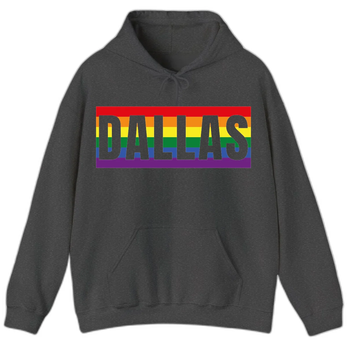 Gray DALLAS text overlaid on rainbow pride flag with red, orange, yellow, green, blue, and purple horizontal stripes in Dark Heather